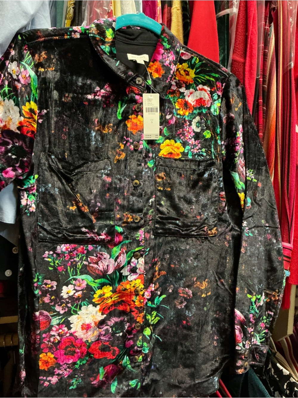 Pilcro Black Velvet Button-Down Shirt with Bright Floral Print